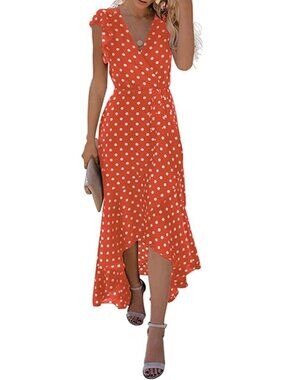 Women's Orange Stylish Boho Beach Vacation Wrap V Neck Summer Long Maxi Dress